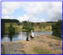 person sitting on river bank